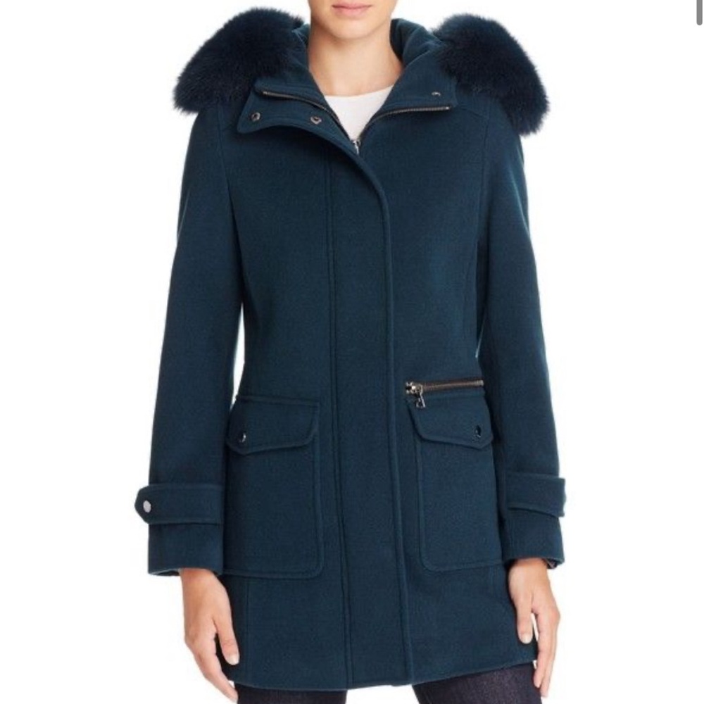 Trina Turk - Teal wool coat with fur trimmed hood